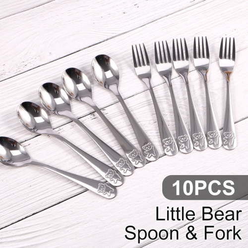 Tcwhniev Kids Silverware Set, 10 Pieces Toddler Utensils, Stainless Steel Childrens Flatware Set, Kids Forks and Spoons, Kids Cutlery for Home Preschools