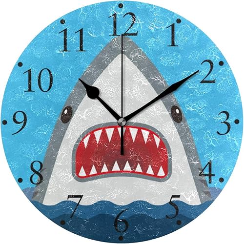 VIKKO Wall Clock 9.8 inch Round Battery Operated Decorative Clock for Kitchen School Office (Shark)