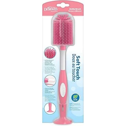 Dr. Brown's Soft Touch No Scratch Baby Bottle Cleaning Brush Nipple Cleaner with Stand and Storage Clip, BPA Free, Pink 1-Pack