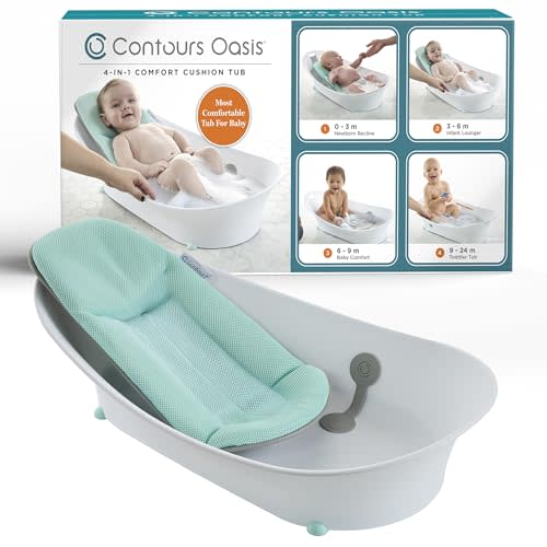 Contours Oasis 4-in-1 Baby Bathtub, Infant Bath Seat, Newborn Toddler Support, Portable, Quick-Dry Mesh Pad, Grow-with-Me, Comfortable, Cleanable, Compact, Non-Slip Base, Blue and White, 0-24 Months