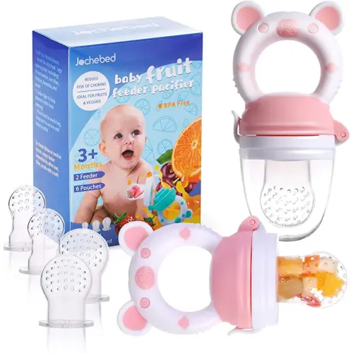 Baby Fruit Food Feeder Pacifier - Fresh Food Feeder, Infant Fruit Teething Teether Toy for 3-24 Months, 6 Pcs Silicone Pouches for Toddlers & Kids & Babies, 2-Pack (Light Pink)