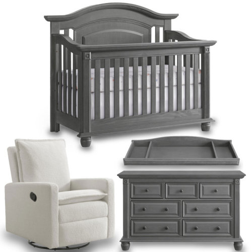 Oxford Baby London Lane 4 Piece Nursery Set Includes 4 In 1 Convertible Crib, 7 Drawer Dresser, Changing Topper (Arctic Gray), And Boucle White Uptown Glider