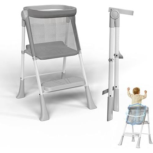 Toddler Tower Foldable,Foldable Toddler Kitchen Stool Helper with Safty Rail and Anti-Slip Device for Bathroom Sink or Kitchen Counter，Step Stool for Toddlers Ages 18 Months to 6 Years Gery