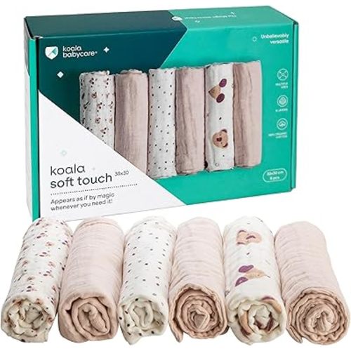 Koala Babycare 6 Pack 12"x12" Muslin Burp Cloths for Baby Boys and Girls - GOTS & Oeko-TEX Cotton Burp Rags for Newborns - Absorbent Neutral Burping Cloths for Feeding - Washable Baby Bibs Essentials
