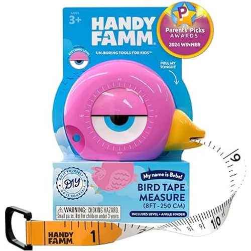 8Ft Animal-Shaped Kids Tape Measure, Level & Protractor Angle Finder, Fun Educational Children's Tape Measure, Small Measuring Tape for Learning Early Math Skills, Ages 6+, Pink Bird