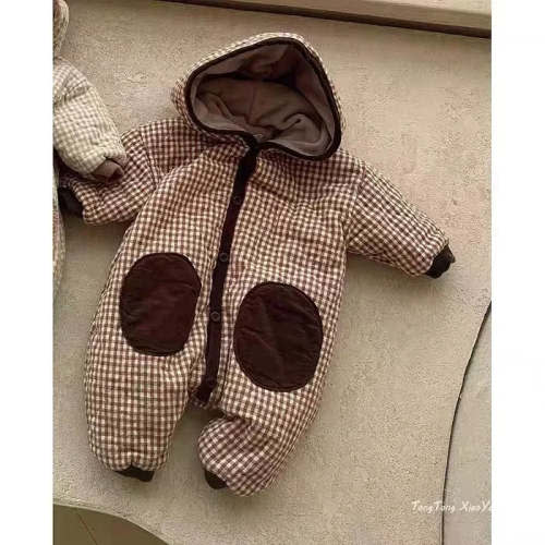 Checkered Hooded Padded Snowsuit (6-12 M in Beige Brown)