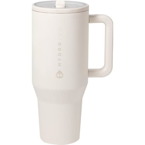 HydroJug Traveler - 40 oz Water Bottle with Handle & Flip Straw - Fits in Cup Holder, Leak Resistant Tumbler-Reusable Insulated Stainless Steel & Rubber Base - Gifts for Women & Men, Cream