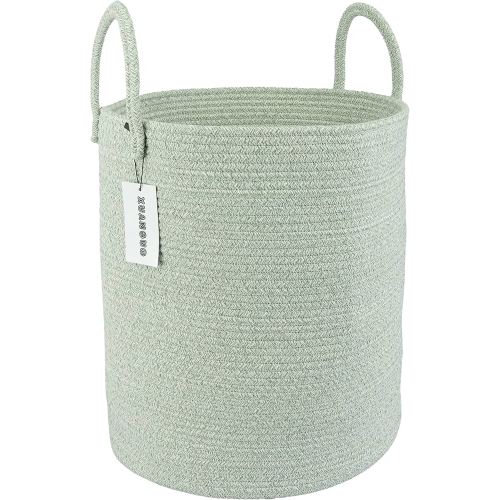 Cotton Rope Laundry Basket Hamper for Clothes Woven Storage Basket for Living Room Bedroom Boho Tall Rope Baskets for Blanket Toys Pillow Towels Baby Nursery Hamper Bin green