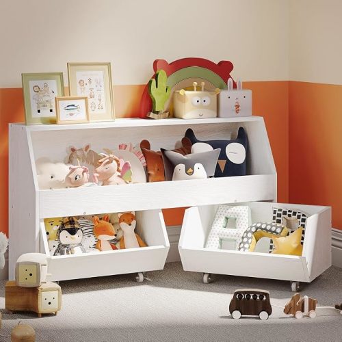 Toy Storage and Organizer for Kid, Large Toy Bin Bookcase Toy Cabinet with Two Moveable Drawers, Children Toddler Storage Carbinet with Wheels for Playroom, Bedroom, Nursery (White oak, Regular)