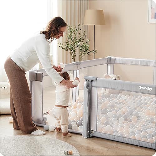 Sweeby Baby Playpen, 59x59 Inch Gate Foldable for Babies and Toddlers, Extra Large With Door Play Yard for Fence Indoor and Outdoor, Gray