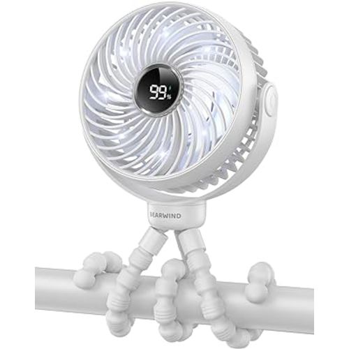 Portable Stroller Fan for Travel, LED Night Light Clip on Fans Operated by 2200mAh Rechargeable Battery, Cordless Fan with Tripod Car Seat Baby Pram (White)