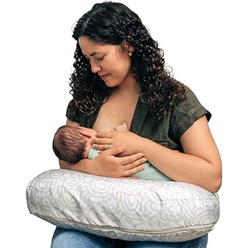 Boppy Nursing Pillow - Ergonomic Bottle & Breastfeeding Pillow with High, Firm, Large Area, Water-Repellent Cushion with Washable Cover; Baby Safety Alliance Verified - Cream Retro Squiggles
