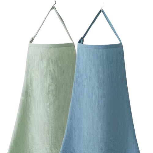 Nursing Cover, Muslin Nursing Cover up for Breastfeeding, Soft & Breathable 100% Cotton with Adjustable Neck Strap, Multi-Use Nursing Apron & Baby Essentials, 2 Pack (Grass Green and Blue)