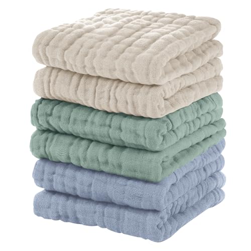 Unnivoll Muslin Baby Washcloths 6 Pack, 100% Cotton Wash Cloths for Babies, Large 12''X12'' Burp Cloths Absorbent and Soft for Newborn Infants Kids Boys Girls - Apricot Green Sapphire Blue