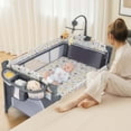 OLAKIDS Baby Bedside Sleeper with Bassinet, Diaper Changer, Mattress, Carry Bag, Music Box & Hanging Toys, Foldable Bedside Crib, Portable Playard for Newborn Toddlers (5 in 1, Bear)