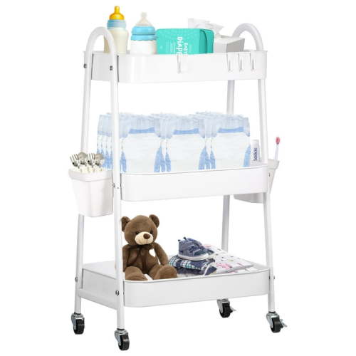 Baby Diaper Caddy Cart Metal Nursery Storage Organizer 3-Tier Rolling Cart Organizer for Diapers and Baby Wipes Newborn Essentials Storage Cart (White)