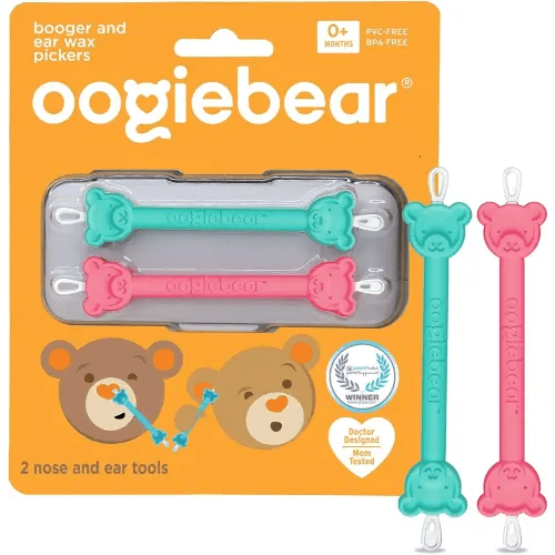 oogiebear: Baby Nose Cleaner & Ear Wax Removal Tool - Safe Booger & Earwax Removal for Newborns, Infants, Toddlers - Dual-Ended - Essential Baby Stuff, Diaper Bag, Raspberry & Seafoam with case