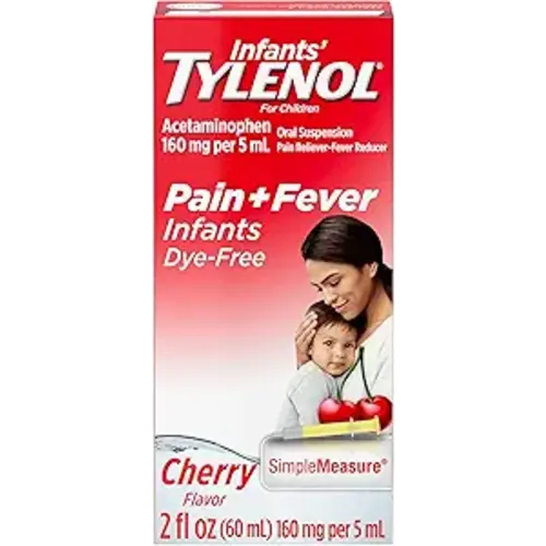 Infants' Tylenol Liquid Pain Reliever and Fever Reducer Medicine, Acetaminophen Oral Suspension for Sore Throat, Headache & Teething, Kids Fever Reducer; Dye-Free Cherry Flavor, 2 fl oz, Pack of 1