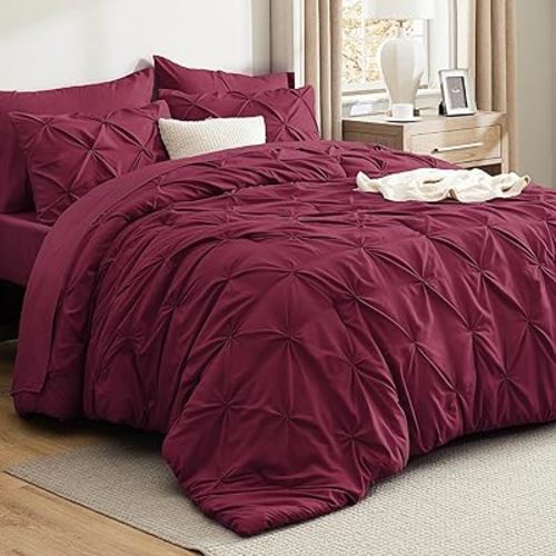 Bedsure Twin Comforter Set Burgundy - Bed in a Bag Twin Size 5 Pieces, GentleSoft™ Pintuck Bed Set Gift for Family, Pinch Pleat Burgundy Comforter with Sheets, Pillowcase & Sham