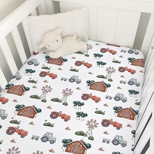 Watercolor Farm Animals Life Baby Crib Sheet 52''x28'' Farmhouse Barn Chicken Pig Duck Tractor Fitted Crib Mattress Sheet Covers for Boy Girl Baby Nursery Bed Sheets for Standard Crib Mattress