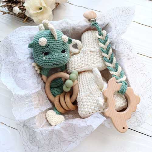 Dragon baby gift basket for Newborn Handmade Dragon crochet rattle toy & Knit baby booties set Fantasy Baby shower gift for pregnant friends