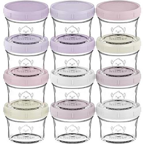 KeaBabies 12pk 4oz Glass Baby Food Containers - Leak-Proof, Microwavable Small Baby Glass Jars with Lids, Baby Food Storage Containers, Baby Snack Containers, BPA-Free Baby Food Jars (Lilac)