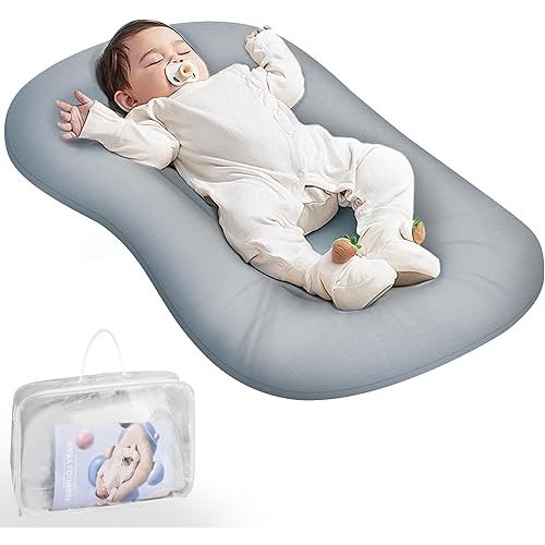 Baby Lounger - Baby Lounger Pillow for Newborn, 0-24 Months, Bionic Design Infant Lounger for Home and Travel, Soft Cotton, Newborn Babies Essentials Gifts, Grayish Blue