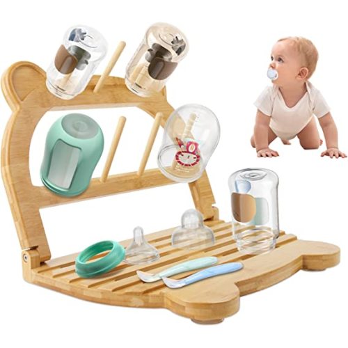 Tohomes Baby Bottle Drying Rack Bamboo, Foldable High Capacity Bottle Drying Rack Space Saving Waterproof Bottle Dryer Holder with Anti-Slip Rubber Pad for Baby Bottle Accessories, Cups, Pacifiers