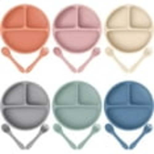 6 Pack Suction Plates for Baby with Spoon Fork Divided Toddler Plate with Suction Silicone Baby Self Feeding Set for Boys Girls (Dark Gray, Army, Dark Blue, Orange, Khaki, Pink)