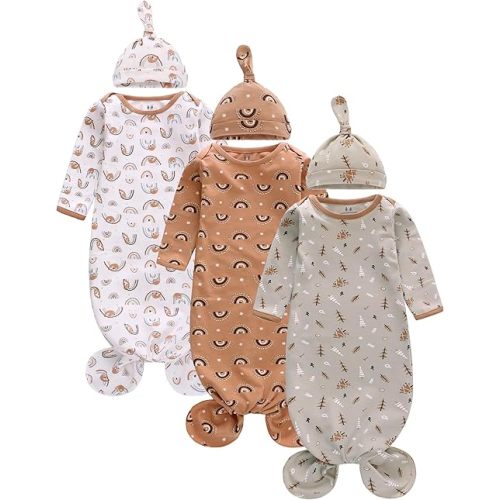 Newborn Knotted Nightgown Long Sleeve with Matching Hat Set 3 Pack, Baby Sleeper Gowns Unisex Home Outfits Set with Mitten Cuffs for Boys Girls 0-3 Months