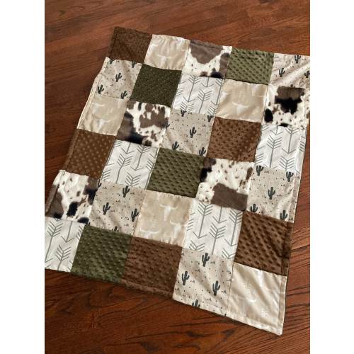 Cactus Baby Bedding in green, brown, tan, Western Nursery, Cowboy Crib Bedding Set in earth tone colors, patchwork baby blanket
