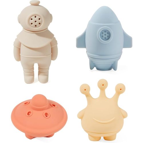 Mold Free Bath Toys 4 Pack Silicone Car Bath Toys - Truck & Construction Toys | Detachable, Squeezable & Floating Toddler Bath Toy | Bathtub Water Pool Toys for Toddler Gifts