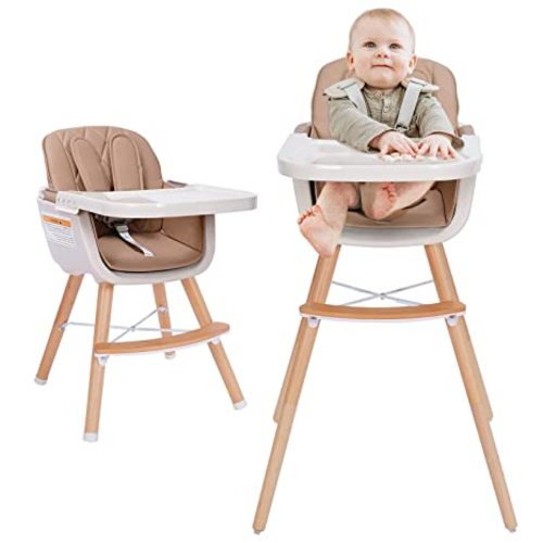 Mallify 3-in-1 Wooden High Chair, Convertible High Chairs for Babies and Toddlers, Baby Highchair with Adjustable Legs & Dishwasher-Safe Tray, Sleek Hardwood & Premium PU Cushion, Brown