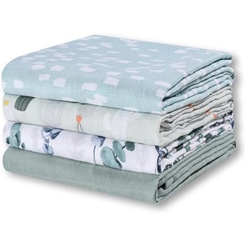 Little Grape Land Muslin Swaddle Blankets Boys and Girls, 100% Cotton 4 Pack Muslin Baby Blanket Large Breathable Newborn Receiving Blanket, Soft Cotton Baby Swaddle Blankets Unisex 47''x47'', Green