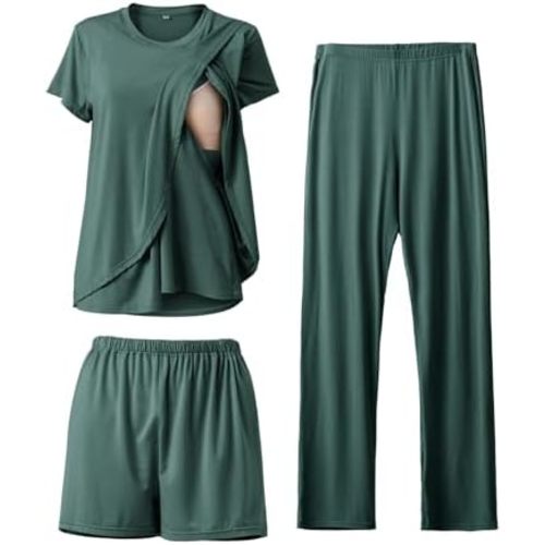 Rnxrbb 3 Piece Postpartum Nursing Pajamas Set Maternity Breastfeeding Pjs