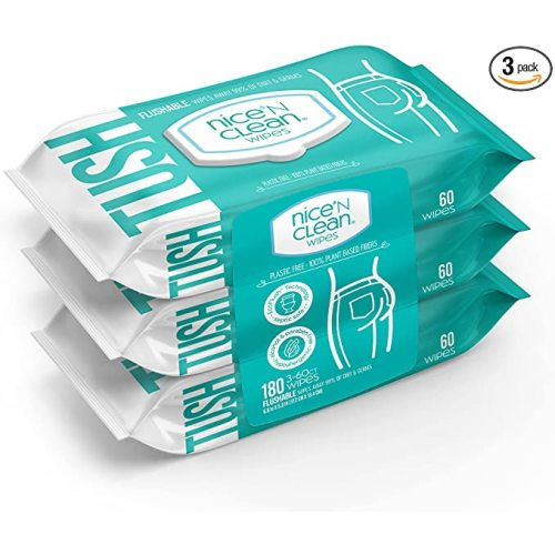Nice 'N Clean Adult Flushable Wipes (3 x 60 Count) | Personal Cleansing Wipes Made from Plant-Based Fibers | Infused with Aloe & Vitamin E
