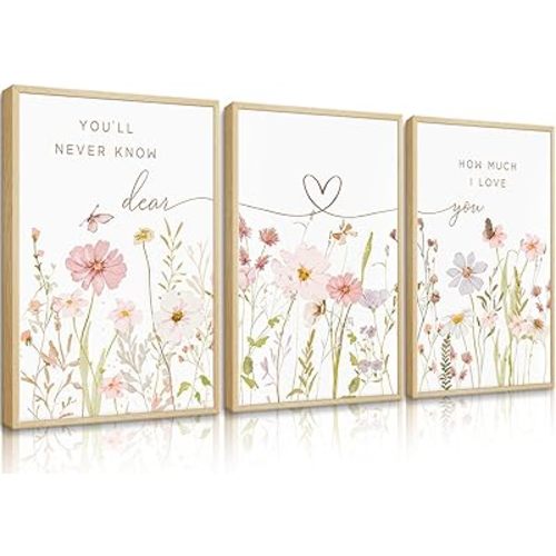 3Pcs Pink Wildflower Wall Art Girls Nursery Wildflower Wall Decor Watercolor Botanica Canvas Prints Pink Floral Pictures Flower Sentence Painting Vogue Cute Baby Room 12x16in Unframed Posters