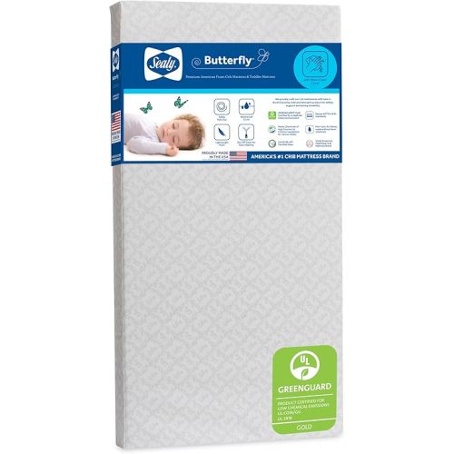 Sealy Baby Butterfly Crib Mattress plus Toddler Bed Fit, Premium American Foam, Washable Easy to Clean Zip Off Cover, GREENGUARD Gold Certified, Safety & Quality Tested, Made in USA, 52"X28"