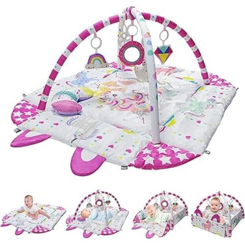 Baby Play Gym Mat,Pink Cartoon Animal Play Mat,Cute Children Activity Gym for Motor Skills,6 Detachable Toys,Be Apt to Baby Sit and Lie Down Play,Easy to Install Newborn Girl Toys Supplies Gift