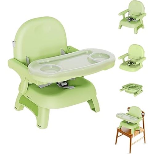 Booster Seat for Kitchen Chair, 3-in-1 Foldable & Portable Booster Seat with Tray, Extra Dishwasher-Safe Tray, Safety Straps for 6–18M (Up to 30 lbs), for Dining Table & Travel, Green