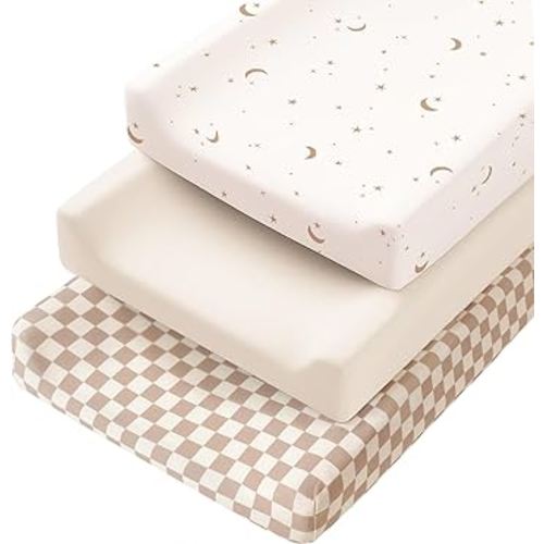 Konssy 3 Pack Stretchy Changing Pad Covers for Girl, Boy, Silky Soft Changing Table Cover, Breathable Baby Nursery Diaper Chang Pad Sheets (Coffee Check)