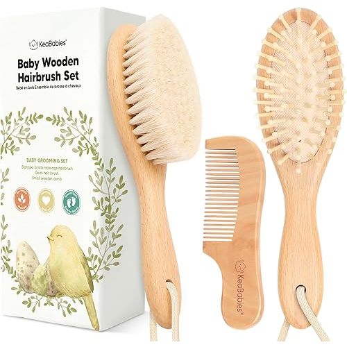 Baby Hair Brush and Comb Set for Newborn - Wooden Baby Hair Brush Set with Soft Goat Bristle, Baby Brush Set for Newborns Baby Brush and Comb Set Girl, Boy, Toddler Cradle Cap Brush (Oval, Walnut)