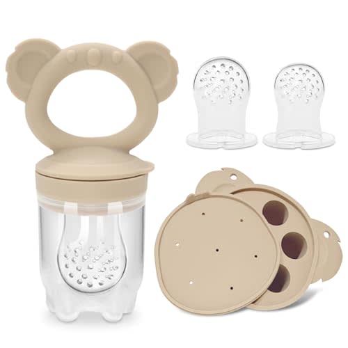 Qkie Koala Baby Feeder Set, Silicone Baby Fruit Feeder with Koala Freezer Tray – Safely Introduce New Foods, Teething Relief – Perfect for Breast Milk & Self-Feeding for Babies & Infants (Cream)