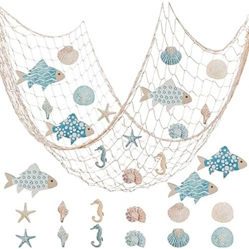 16pcs Nautical Fish Net Wall Decoration Nature Fishing Fishnet Wooden Decor Shells Seahorse Starfish Whelks Decorative Hangings Pirate Party Mediterranean Wedding