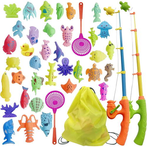 Kids Fishing Bath Toy Set - Magnetic Rod & Net, Floating Fish - Educational Ocean Animals Learning Toy for Toddler