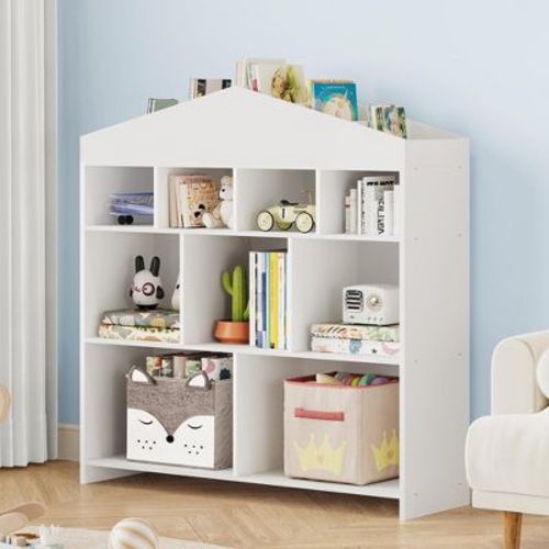 9-Cubby Kids Bookshelf Toy Storage Organizer - White Wooden Bookcase for Playroom, Nursery & Kids Room