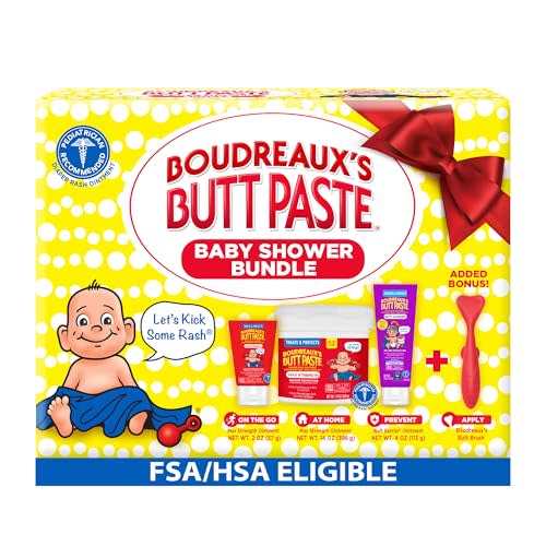 Boudreaux’s Butt Paste Baby Shower Bundle with 3 Newborn Essentials – Zinc Oxide Diaper Rash Cream (14 Oz Jar & 2 Oz Tube), Preventative Ointment (4 Oz Tube) and Silicone Applicator