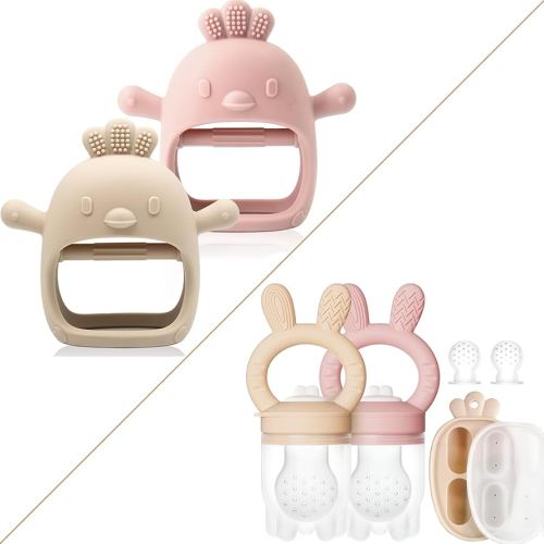 Baby Teething Relief Package, Teething Mitten & Freezer Teether Feeder for 0-6 6-12 Months Babies, 100% Food Grade Silicone, BPA Free