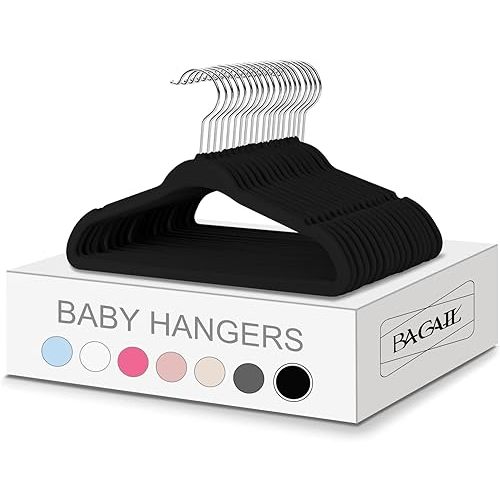 BAGAIL Kids Velvet Hangers 11” Inch Children's Clothes Hangers Non-Slip Baby Hangers for Infant/Toddler (Black,50pack)