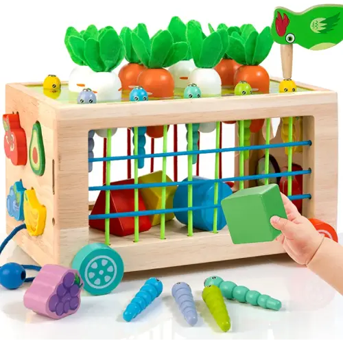 Winique Wooden Montessori Toys for 1 2 Year Old, 6-in-1 Baby Toys 12-18 Months Shape Sorter Educational Toys, 1st Birthday Easter Gift Sensory Toys Carrot Harvest Game